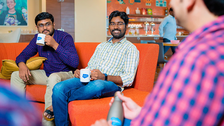 Kranthi having coffee with Salesforce colleagues