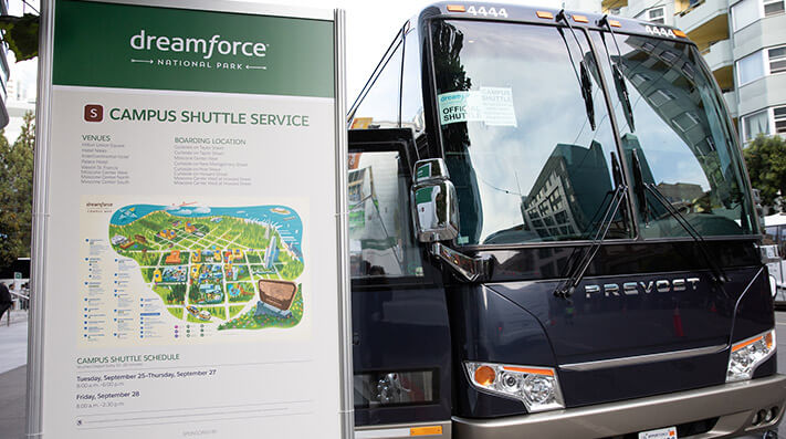 Dreamforce shuttle bus with campus map and schedule