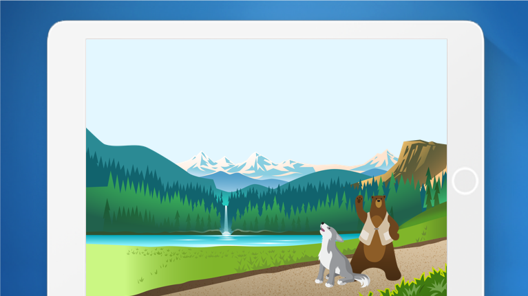 landscape featuring waterfall with Salesforce mascots in front of lake