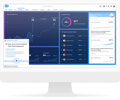 A voice command with Einstein Voice opens a dashboard with critical KPIs and Einstein predictions on CSAT scores.