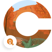 A large "C" containing desert imagery within its borders.