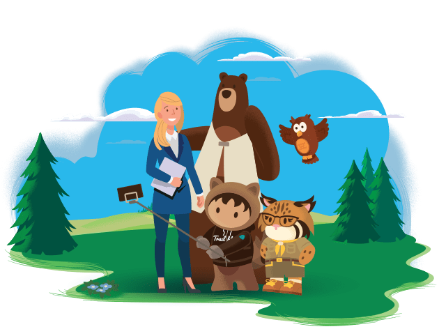 Salesforce characters taking a selfie in nature