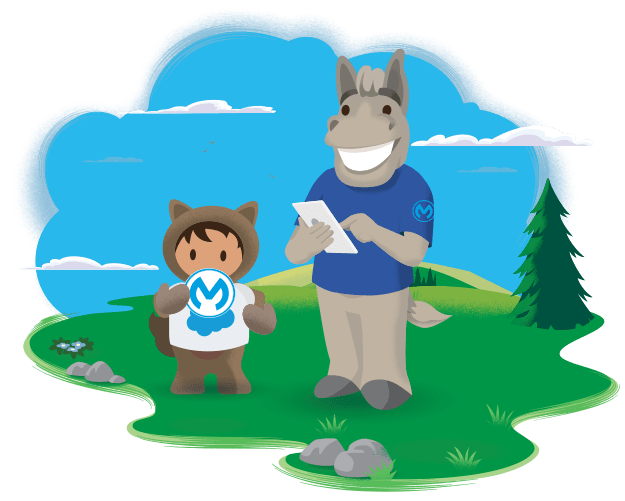 Salesforce characters taking a selfie in nature