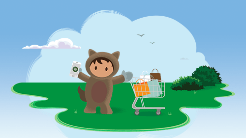 Astro holding a mobile phone and pushing a loaded shopping cart in nature