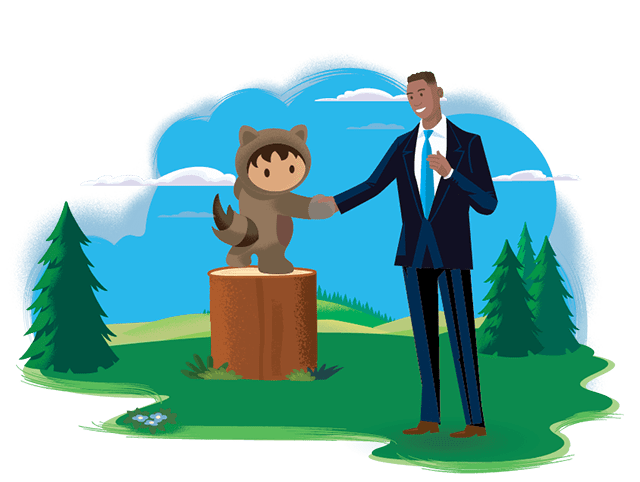 Astro standing on a stump in nature, shaking hands with a gentleman in a suit