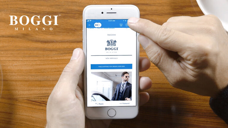 Smartphone screen displaying Boggi Milano customer story
