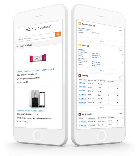 2 Smartphone screens showing Sales and Commerce Cloud
