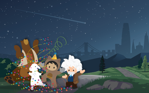 Codey the bear, Astro, and Einstein celebrating with San Francisco skyline and starry sky in background