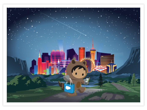 Astro character holding a shopping bag and smart phone, heading down a trail to Las Vegas!