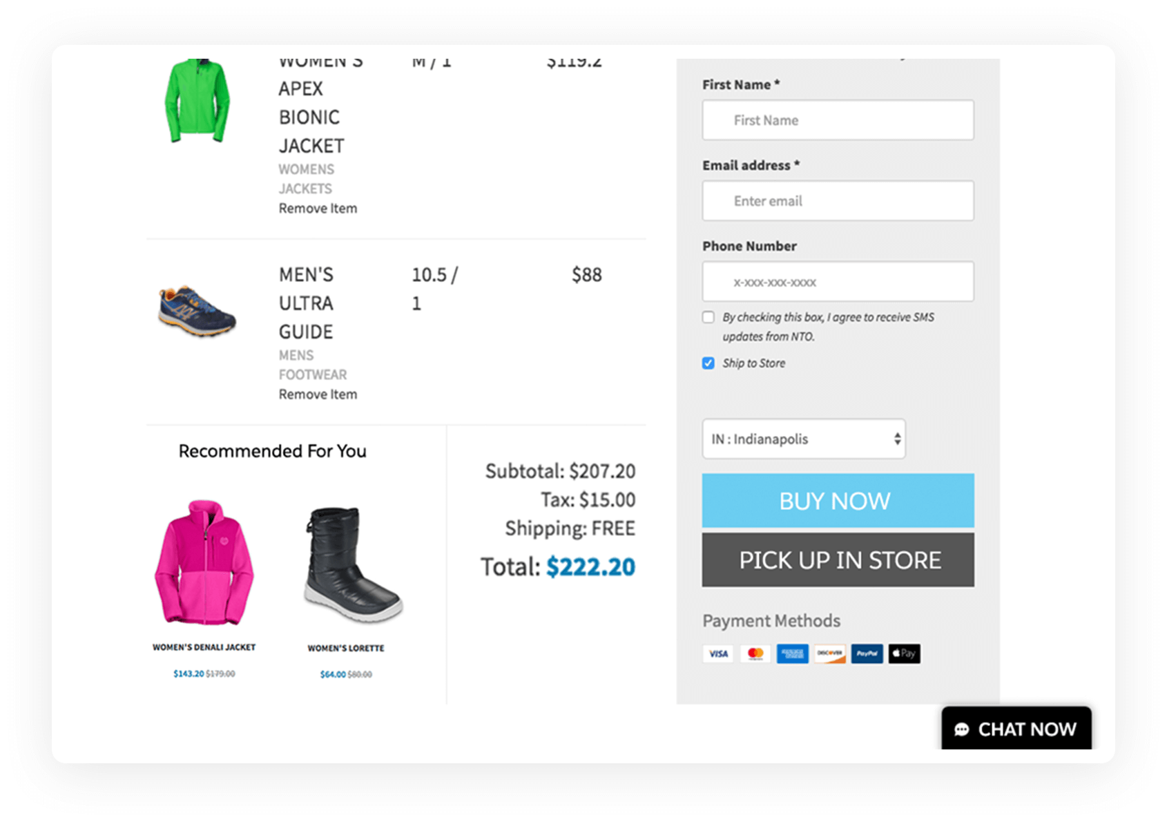 Product screen displayed on a tablet screen. "Buy Now" and "Pick up in store" buttons highlighted.