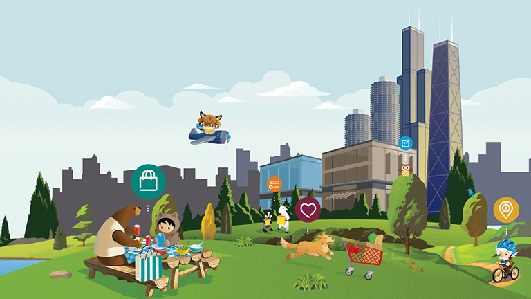 Salesforce characters having a picnic on the grass, with San Francisco skyline in the background
