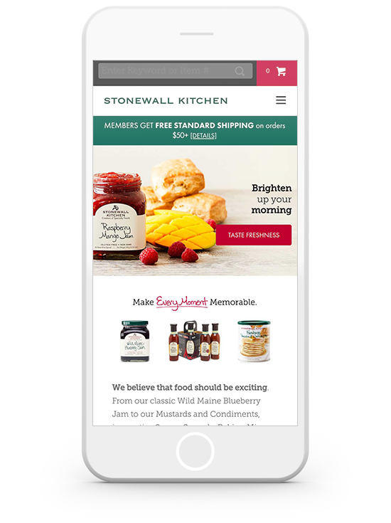 Stonewall Kitchen app displayed on a smartphone screen