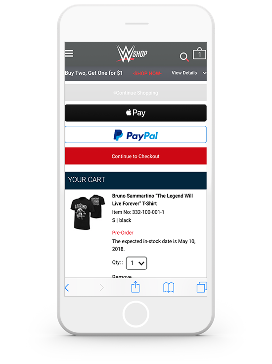 WWE mobile shopping app displayed on a smartphone screen