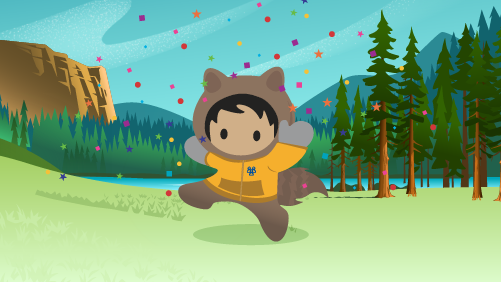 Astro dancing on a valley floor, with trees, a lake, and mountains in the background. Confetti falling.