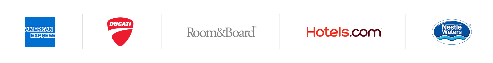 American Express, Ducati, Room & Board, Hotels.com, and Nestle Waters logos
