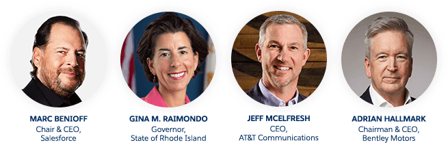 Salesforce CEO Marc Benioff, RI Governor Gina Raimondo, AT&T CEO Jeff McElfresh, Bentley Motors CEO Adrian Hallmark, part of Dreamforce to You.