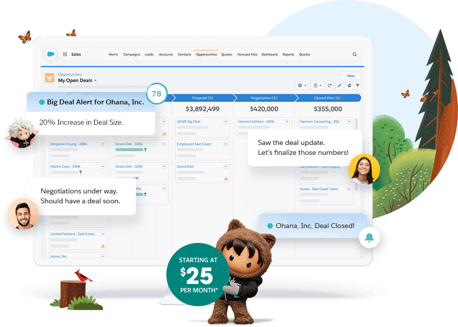 A Sales Cloud screen with a big deal alert and team chats.