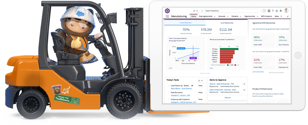 Image of Salesforce Character Astro in a hardhat driving a forklift that is carrying a tablet device that shows a screenshot of a Manufacturing Cloud dashboard