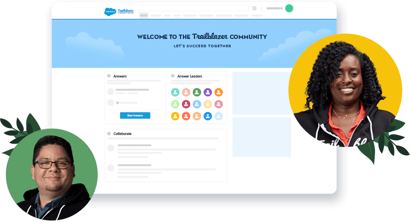 Trailblazer Community homepage and smiling Trailblazers.