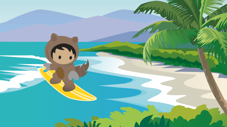 Salesforce character Astro riding a surfboard