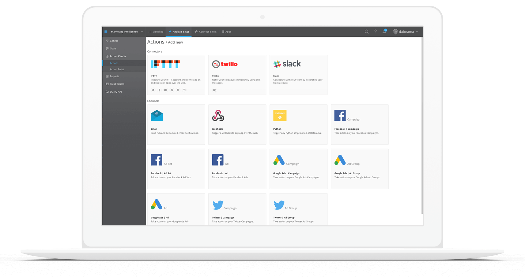 Image of laptop featuring Datorama Actions dashboard