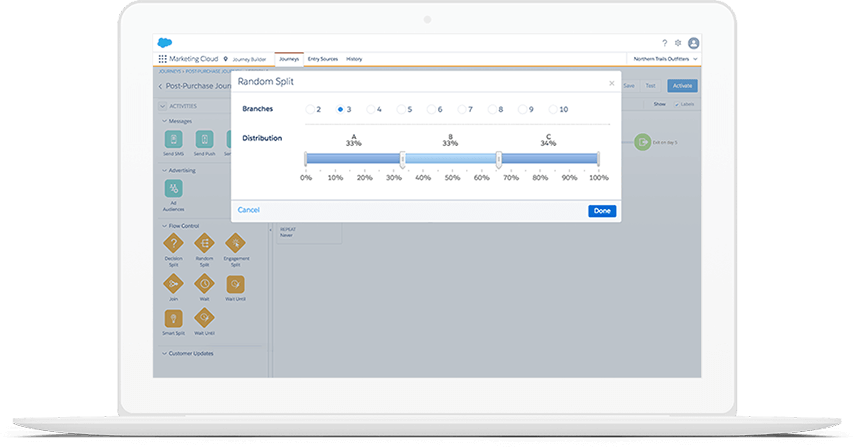 Screen capture showing an audience segmentation screen in Journey Builder