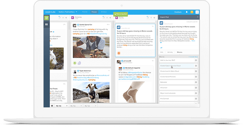 Screencapture of a social engagement dashboard displayed within a laptop device