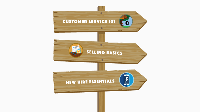 Image of Trail signs that read "Customer Service 101," "Selling Basics," and "New Hire Essentials"