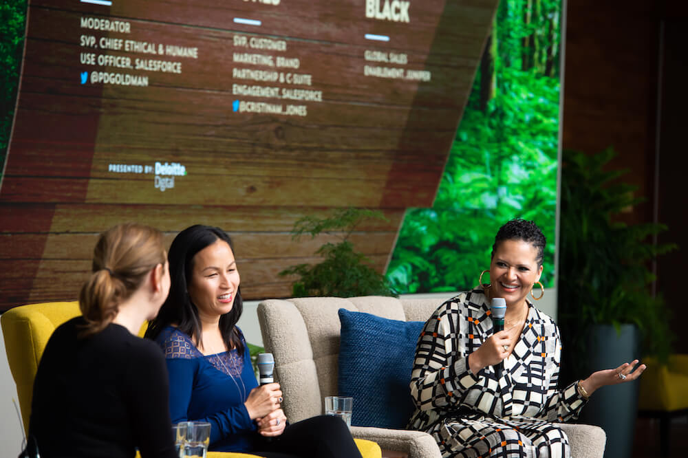 From L-R: Moderator Paula Goldman, Chief Ethical and Humane Use Officer, Salesforce, Hang Black, Head of Global Sales Enablement, Juniper and Cristina Jones, SVP, Customer Marketing, Brand Partnership & C-Suite Engagement, Salesforce.
