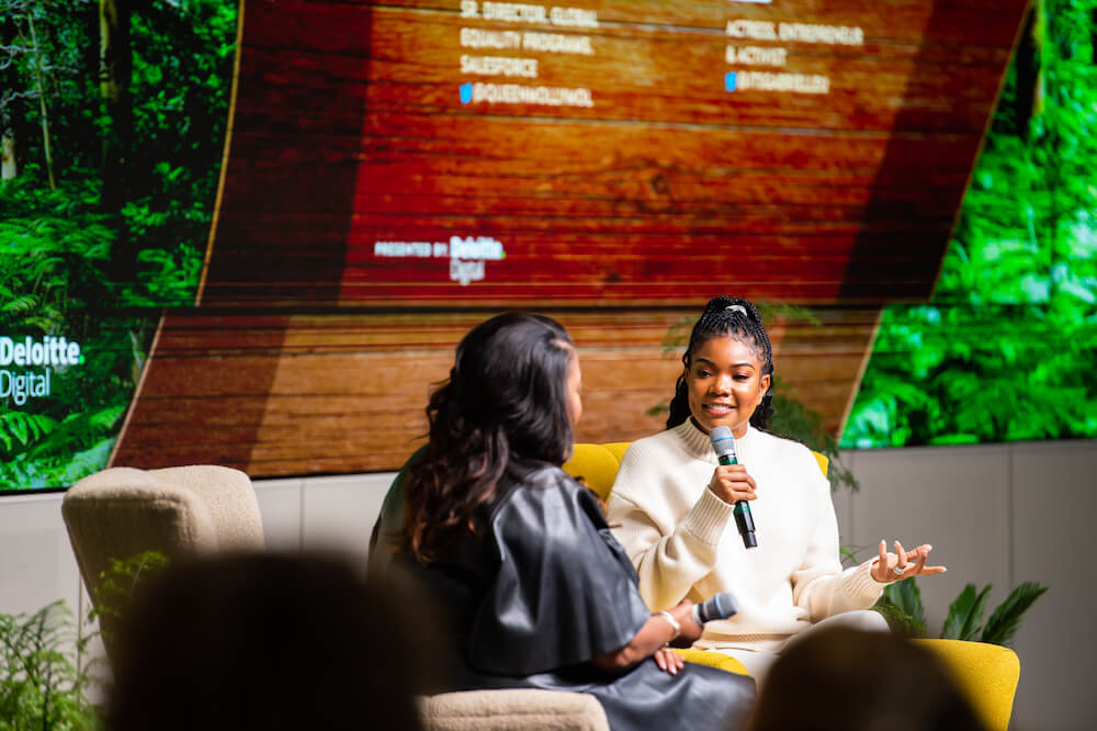 From L-R: Molly Ford, Senior Director, Global Equality Programs, Salesforce speaking with Gabrielle Union, actress, entrepreneur, and activist.