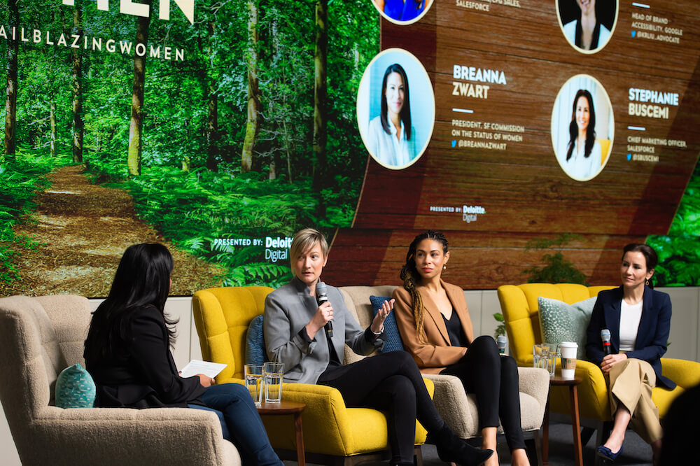 From L-R: Moderator Archana Subramanian, COO, Retail/CPG Sales, Salesforce, KR Liu, Head of Brand Accessibility, Google, Breanna Zwart, President, SF Commission on the Status of Women, and Stephanie Buscemi, Chief Marketing Officer, Salesforce