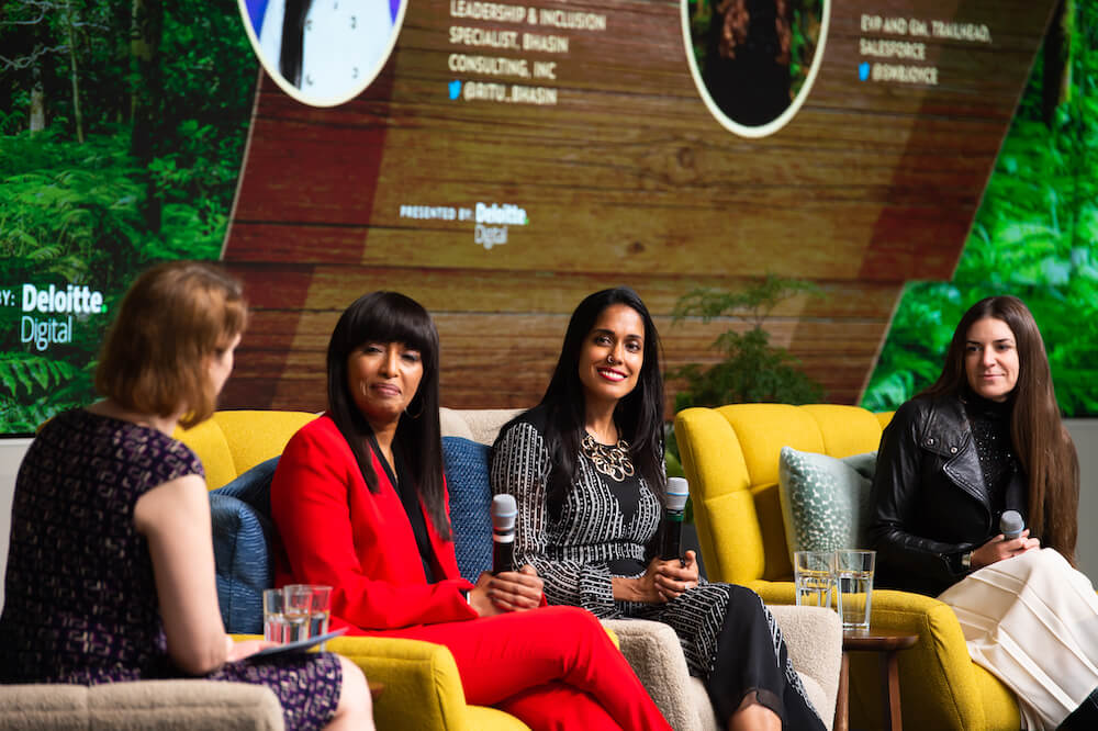 From L-R: Moderator Andrea Leszek, EVP and COO of Technology, Gail Moody-Byrd, CMO of Noodle.ai, Ritu Bhasin, Author/Leadership & Inclusion Specialist at Bhasin Consulting, Inc., and Sarah Franklin, EVP and GM Trailhead, Salesforce