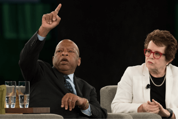 Rep. John Lewis speaking on stage at Dreamforce in 2017 alongside Billy Jean King, former World No. 1 professional tennis player and a longtime champion for social justice and gender equality.