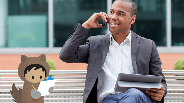 Astro with a clipboard and a businessman with a phone and tablet sitting on a bench