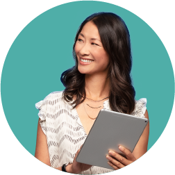 Woman holding a tablet on a circular green background