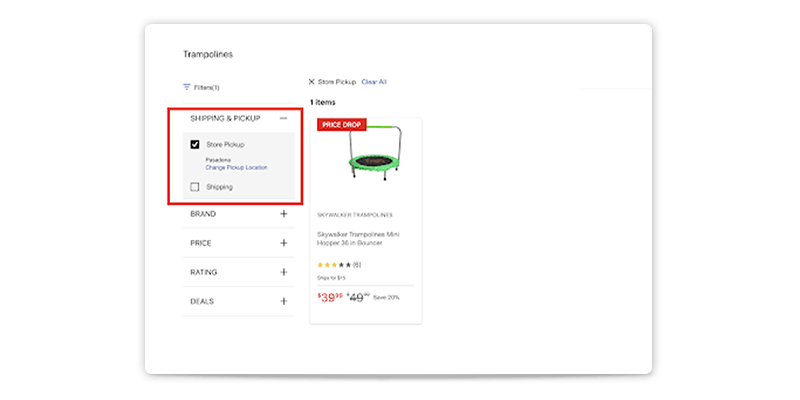 Academy Sports + Outdoors website with a Store Pickup filter