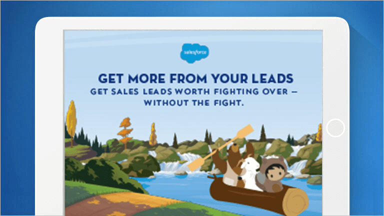 Salesforce characters boating down a river
