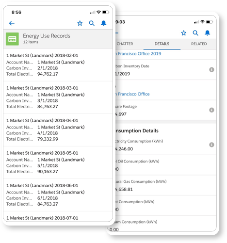 Mobile view of energy records and data.