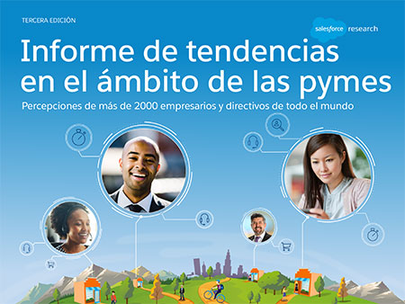 Imagen del Informe de tendencias en el ámbito de las pymes en un tablet junto a la mascota de Trailblazer avanzando por un camino en el campo, y una ciudad de fondo. Todo bajo el logotipo de Salesforce.