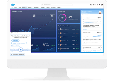 Einstein Discovery offre un aperçu des tendances CSAT (satisfaction client) en complément d'un tableau de bord Einstein Analytics.