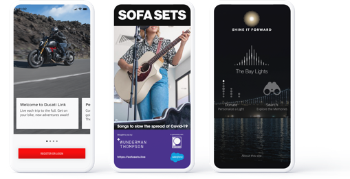 3 mobile phones, with screens displaying apps built with Heroku